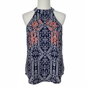 Xhilaration Navy Blue Geometric Coral Floral Embroidery Sleeveless Halter Top XS